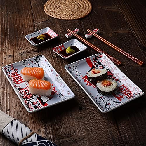 PDGJG јапонски стил порцелански плоча за суши поставени со плочи од 2xsushi, садови за натопи, стапчиња за стапчиња, кутија за подароци од бамбус,