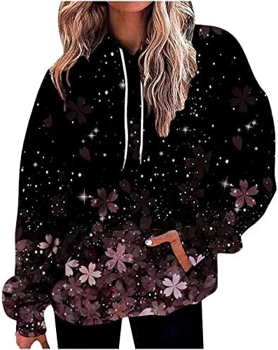 Женски врзани бои за боење и пулвер лесен долги ракави врвови на врвови на палење есен зимски случајна лабава дуксер со џеб со џеб