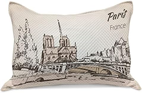 Ambesonne Notre Dame de Paris плетена ватенка Pemlowcover, скица за цртање на градски пејзаж на главниот град Франција, стандардна покривка за перници со големина на кралицата за спа?