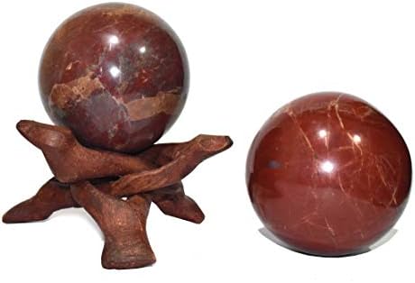 Исцелување4U сфера црвена јаспер големина 2-2,5 инчи и една дрвена топка стојат природна кристална топка сфера Васту Реики Чакра заздравување