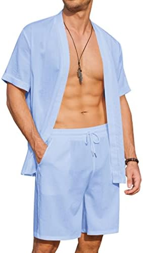 Coofandy Men поставува облеки 2 парчиња отворен предниот дел од кимоно кардиган краток ракав и шорцеви лесен одмор на плажа од кимоно јакни