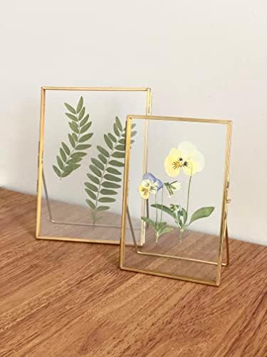 Beedecor Double Glass Frame за притиснати цвеќиња, лисја и уметнички дела - злато 6x8 стои квадратни метални рамки за слики, таблети