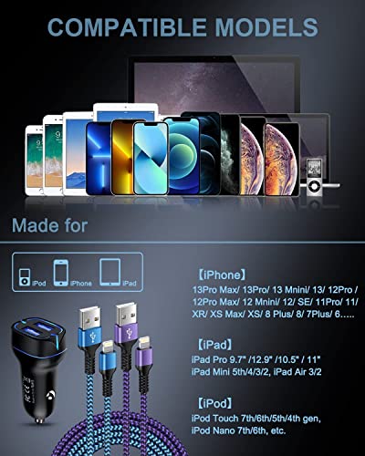 Полнач за телефонски автомобили, адаптер за полесни цигари со двојна порта + 2PACK-3FT Молња кабли Брзо полнење за iPhone 14 13 12 Pro Max Mini 11Pro 10 SE X XR XS MAX 8, Lightening Wire 3ft + Car Телефон К