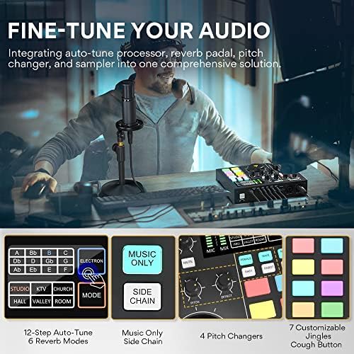 Аудио интерфејс со DJ миксер и звучна картичка, Maonocaster Portable All-in-One Podcast Production Studio со XLR кондензатор микрофон за