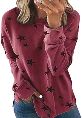 Женска starвезда печати обична маица со долги ракави со екипаж на екипажот на џемпери врвовите на врвовите на блузата