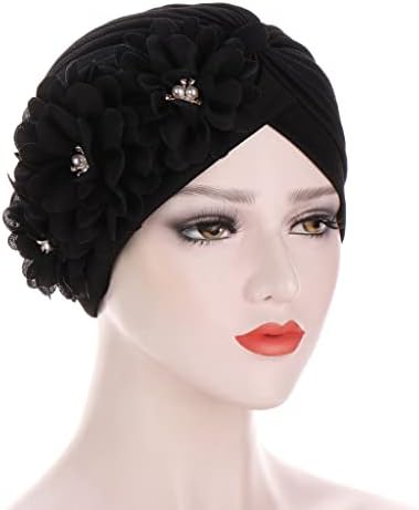 Womenените црна три цветна турбанска капа мода муслимански хиџаб капачиња со монистра за дама за завиткување на главата, бандана