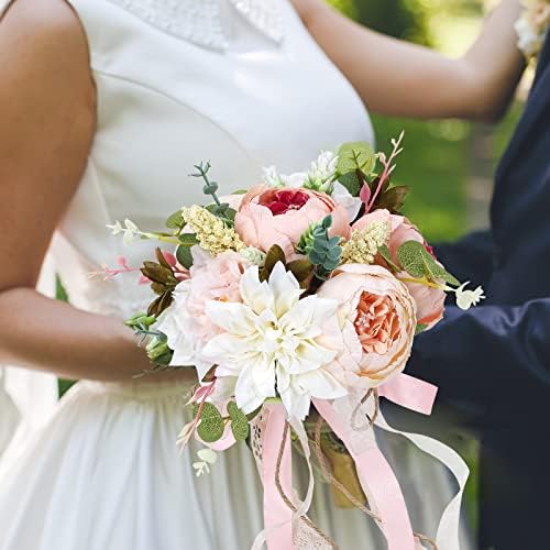 Свадбени Букети ЦЕВОР За Невеста Деверуша, Бели И Розови Вештачки Рози Коњчиња Цвеќиња За Украсување На Свадбени Центри