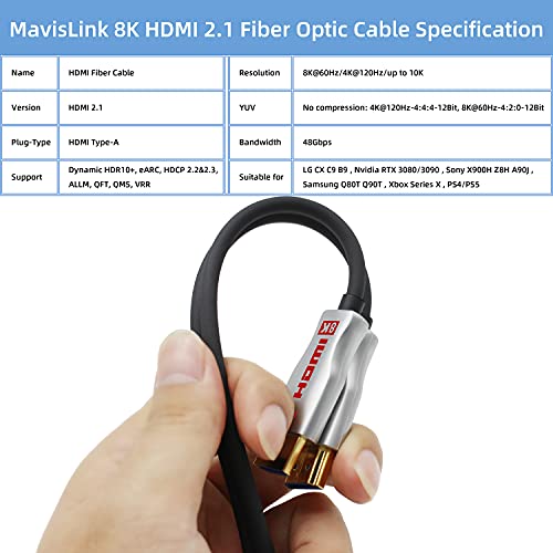 MavisLink HDMI Кабел Оптички Влакна 50ft 4K 60Hz HDMI2. 0b 18Gbps HDR10 ARC HDCP2. 2 YUV4:4:4/4:2:2/4:2:0 Тенок Флексибилен ЗА HDTV/Конзола За