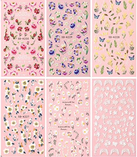6 листови налепници за уметност со цвеќиња на нокти 5д за нокти Арт за арт -декорации за нокти Акрилик врежана врежана врежана бела