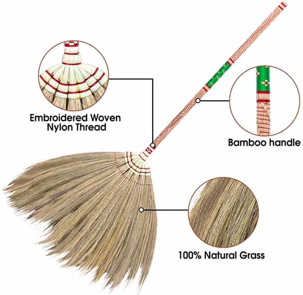 Сет од 3 единици на азиска природна слама метла со рачка од бамбус трева.