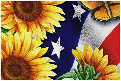 Платнени Подлоги, Душеци За Маса Што Се Перат за Трпезариска Маса Сет од 6, Американско Знаме На Пеперутка Од Сончогледи