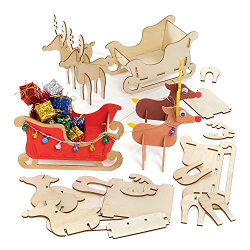 Бејкер Рос Дрвени ирваси и комплети за санки - пакет од 2, дрвени занаети за деца да ги украсуваат и прикажуваат, направете свои Божиќни