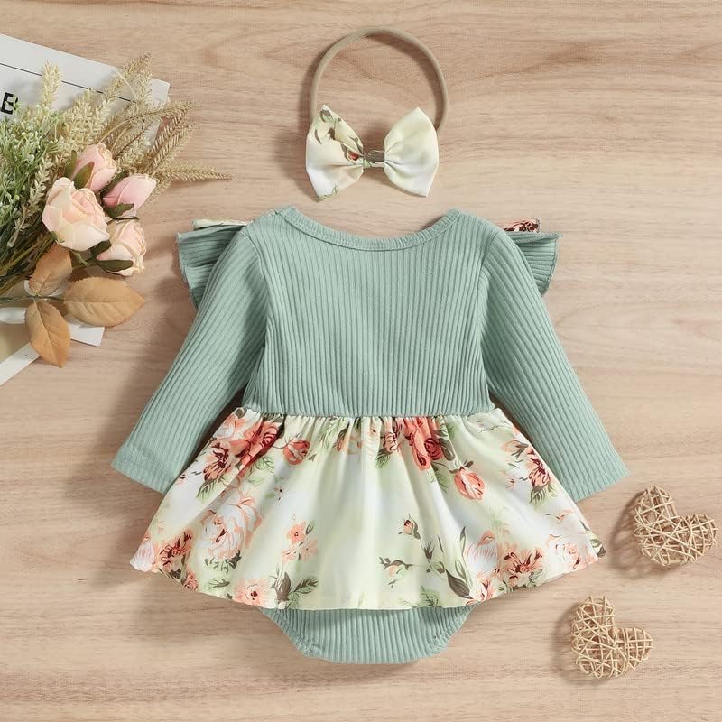 Облека за новороденчиња девојче, новороденче, малолетнички ракави, облека, облечена во ромпер цветен суспензија, фустан со лента