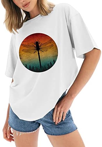 Дами летни врвови симпатична графичка печатена маичка со кратки ракави, обичен екипаж пуловер лабав вклопат туники