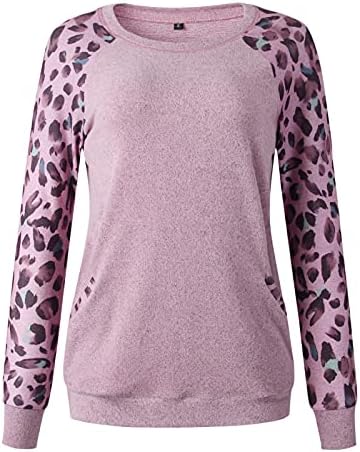 Женски леопард печатени кошули со долги ракави екипаж на вратот крпеница, случајна пулвер, џемпер, пулвер, врвови на врвови