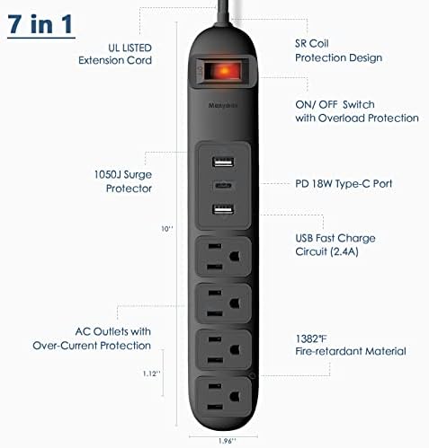 Енергетска лента со USB C, Mainmax Mountable Extension Plug Extension со 4 широко распространети места, 3 USB порти за полнење, кабел