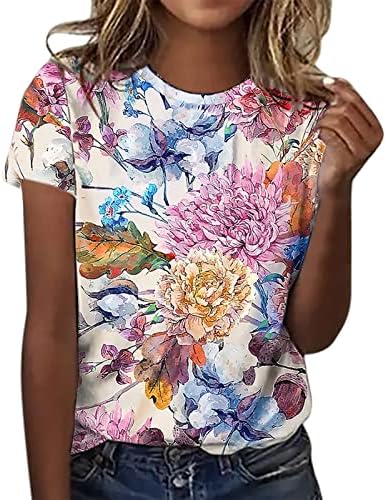 Женски плус големина врвови пролетни модни кратки ракави против маички со вратот, цветни бохо, симпатични маички трендовски маички