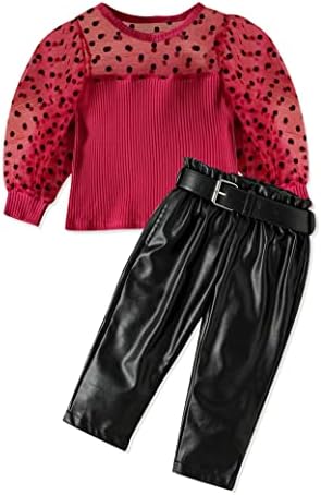 Облека за девојчиња од Wiqi Toddler 1-6T мрежа долги ракави TOP+ PU кожни панталони со појас 3 парчиња модна детска облека за девојчиња