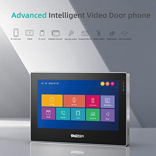 Tmezon Video Intercom System Doorbell со камера и 7 инчи монитор, WiFi IP 2-жица Видео врата Телефон HD 1080p комплет Локално