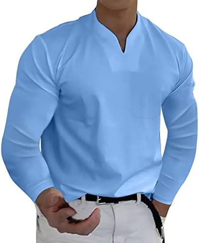 Машки V вратот Хенли кошули со долг ракав, пролетен мускул Тенок фит деловна маица без јаки врвови со џеб