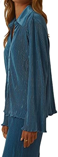 Womenените обични 2 парчиња постелнини сет на копчиња со лаптови со долги ракави плетени кошули врвови лабави панталони y2k