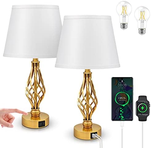 Wiomonrew Touch Table Table Lamps Side Set од 2, Nightstand Bedidide Nightstand Gold Lamps со USB Type-C пристаништа, работна