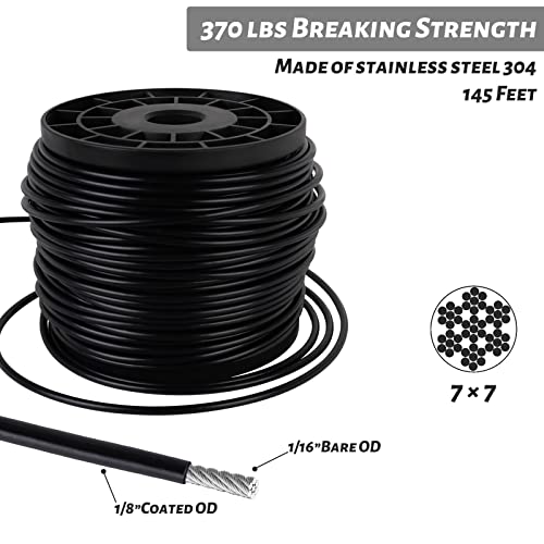 Wewbaby 1/16 жица јаже 328 ft 304 кабел од жица од не'рѓосувачки челик + 1/8 низа светло за висечки комплет 145 ft црна винил-обложена