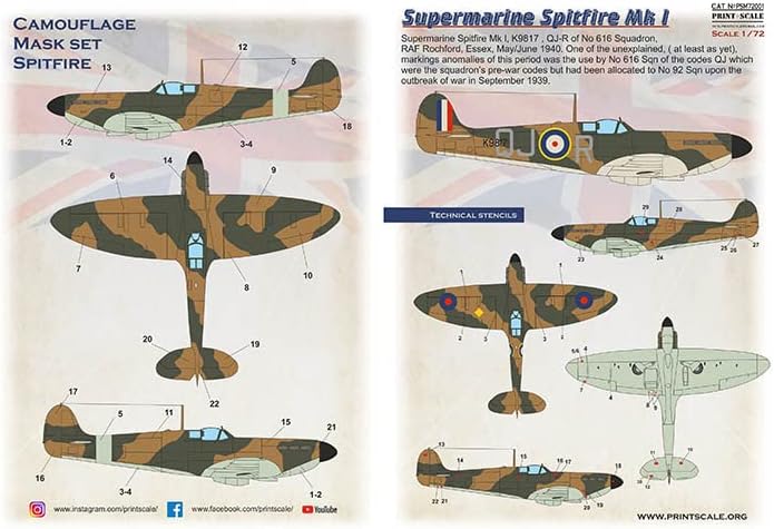 Скала за печатење PSM72001 1/72 Маска за Супермарин Спитфер Мк.1 Воен авион
