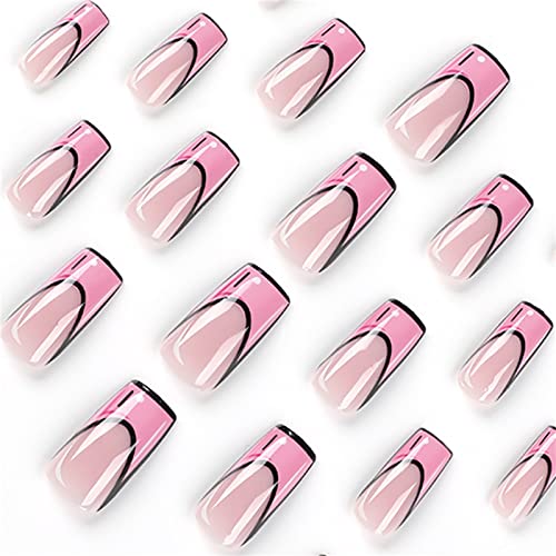 Француско Сликарство Розова Лажни Нокти Целосна Покривка Лето Краток Ковчег Притиснете На Ноктите Со Лепак За Жени и Девојки Нокти Уметност 24 парчиња