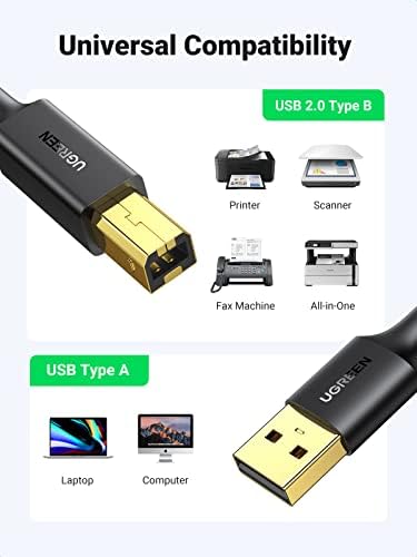 UGREEN USB Печатач Кабел-USB A До B Кабел, 2.0 USB B Кабел Со Голема Брзина Печатач Кабел Компатибилен Со Hp, Canon, Брат, Samsung, Dell, Epson,