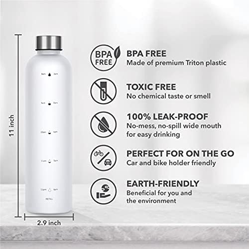 Salú 32 Oz Tritan/BPA без шише со вода w/временски маркер, бело, мотивациони мерења w/време и волумен, замрзнат пластика, дополнителен