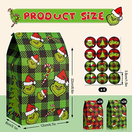 AnyDesign 48pcs Божиќна хартија третирајте торби црвена зелена црна црна биволска карирана забава за забава торби Божиќ цртан филм лик Goodie