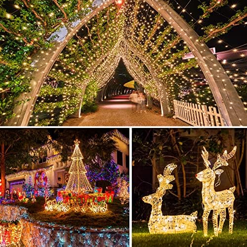 Божиќни светла Надворешно 1000 LED 403ft жица светла украси, топло бело 8 режими и далечински управувач, водоотпорен приклучок во декор за светло