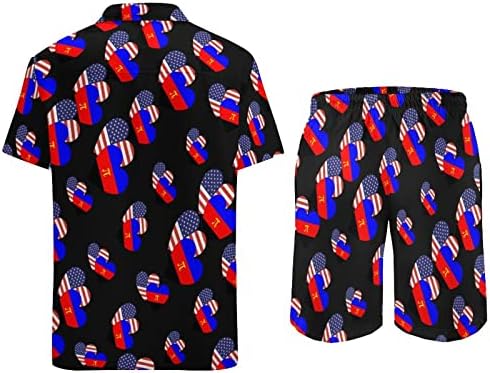 Пи американско знаме за срце знаме мажи 2 парчиња хавајски сет копче-долу кошули со кратки ракави, панталони за плажа лабави вклопени