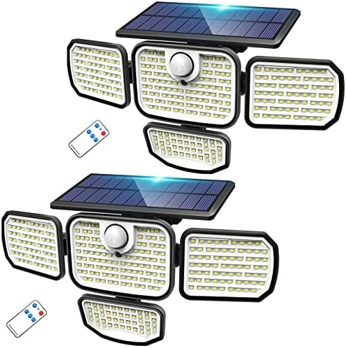 [2 Пакет] Соларни Светла Сензор За Движење На Отворено, 286 LED 3000 LM Соларни Безбедносни Светла Со Далечински Управувач, IP65 Водоотпорен, 4
