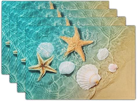 Морска Школка Морска Ѕвезда Поставени Подлоги од 4 Постелнина За Перење Душеци за Плажа 12х18инч Океански Сини Душеци За Трпезариска Маса Куќа