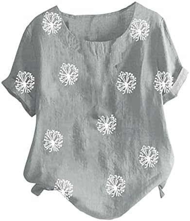 Лето жени памучна постелнина маичка плус големина на врвови трендовски пргавки печати кратки ракави тунични маички обични кошули со екипаж