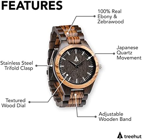 Дрвениот часовник Treehut за мажи со прилагодлив опсег и затворач од не'рѓосувачки челик - јапонски кварц аналоген часовник со кутија за подароци