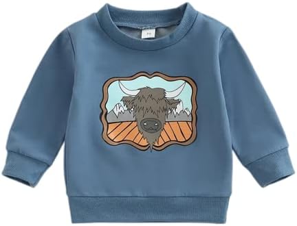 Нубео дете бебе момче облека облека крава печати западна фарма со долги ракави екипаж џемпер на џемпер на врвови на врвови на врвови на