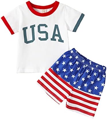 Noubeau Toddler Baby Boy Boy 4-ти јули Облека со кратки ракави маица Сите американски пријатни печатени врвни кратки сетови 2 парчиња летна