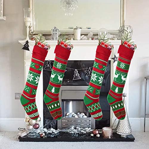 Драга куќа 4 пакувања плетени Божиќни чорапи, 25 инчи дополнителни долги ленти снегулка плетена плетена Божиќ Рустикална персонализирана