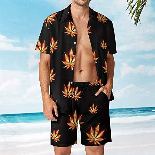 Weedkeycat Weed Fire Leaf Man's Man's Beach Outfits 2 парчиња Хавајско копче надолу со кошула Краток ракав и шорцеви