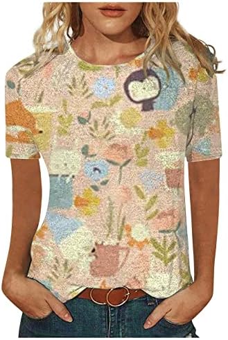 Женски кратки ракави на екипажот на вратот на вратот, лето лабава вклопена основна туника трендовски печатење удобност врвни блузи блузи