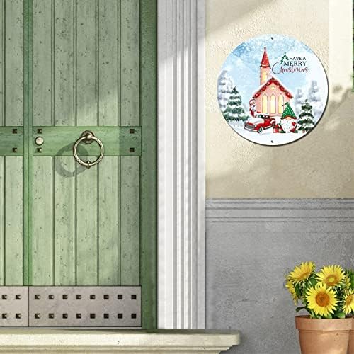 Тркалезен метален калај знак Среќен Божиќен снег и гноми гроздобер венец знак 'рѓосан wallиден паб знак потресена метална уметност отпечатоци