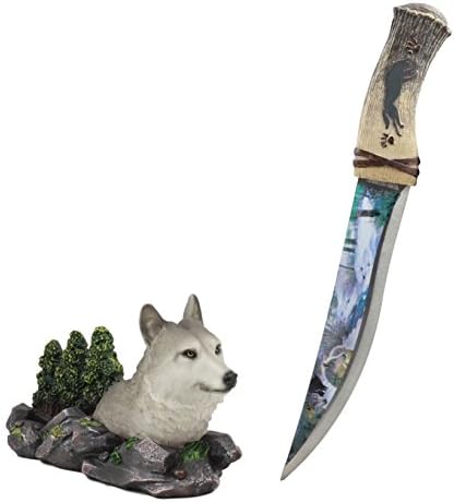 Еброс животински дух алфа сив волк во планински шума приказ Централна статуа со не'рѓосувачки челик, сечило со носење на бура,