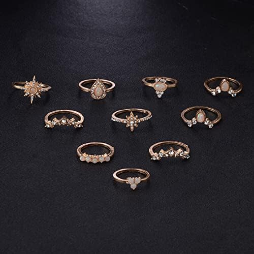 Wandенски венчален прстен 10 парчиња ретро етнички rhinestone прстени за жени девојки легура геометрија стабилна бохо прстенести прстени подароци