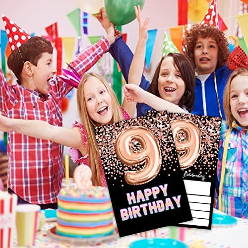 Покани за 9 -ти роденден на Шлинко, црно злато сјај роденденска забава, 9 роденденска покана за девојчиња, прослава за забава, материјали