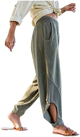 Гумински постелнина панталони за жени Еластична половината решетка за пресек на капри панталони, обични панталони со хареми, бохо лабави хипи панталони