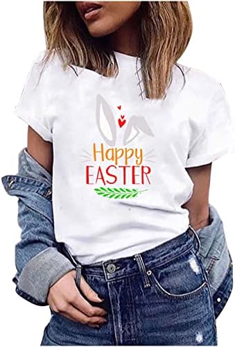 Women'sенски кратки ракави врвови Среќен Велигден симпатичен зајак печатен летен летен обичен врат пулвер блуза бела маица