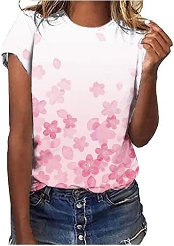 Женска цветна печатена маица со тркалезна вратоврска со вратот, врвна кратка кратка ракав лабава маичка врв на врвот